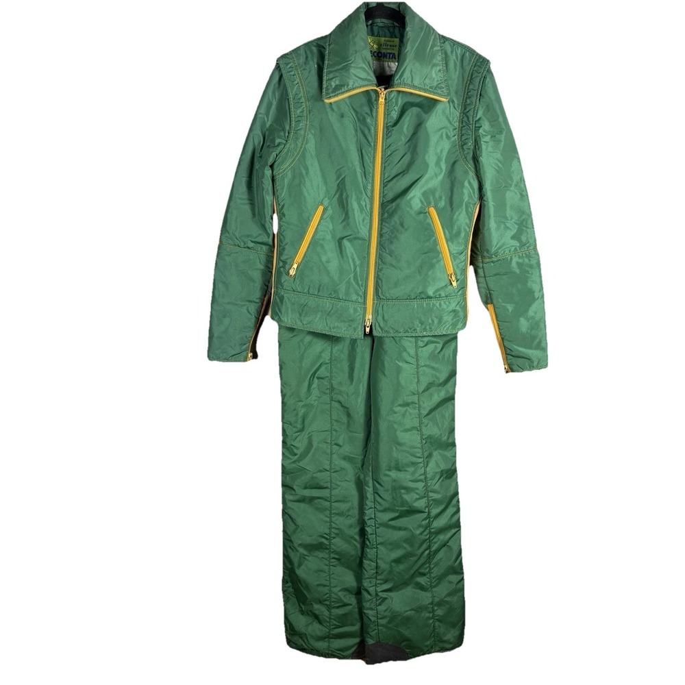 Beconta Men's Medium Green Orange Two Piece Coat Jacket 60s 70s Snow Bib VTG